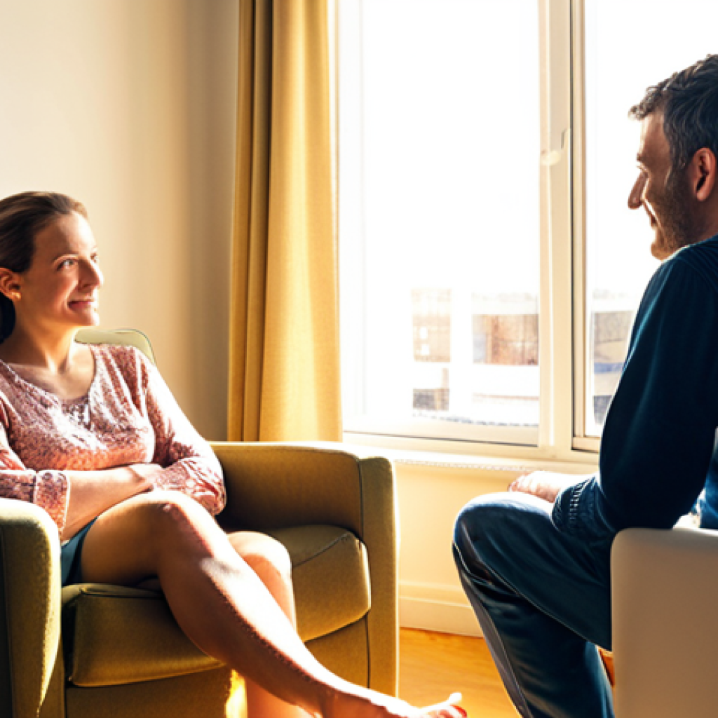 **

A person sitting comfortably in an armchair, talking to a friendly therapist in a brightly lit office. Sunlight streams through the window, illuminating a calm and supportive atmosphere. Focus on creating a sense of trust and understanding.

**