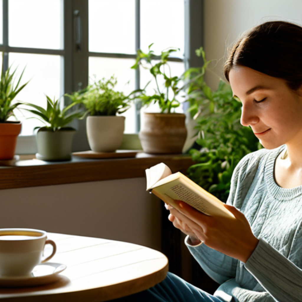Peaceful Self-Care Scene**
"A woman in her late 20s, fully clothed in comfortable, modest clothing, relaxing in a sunlit room with plants. She's reading a book with a cup of herbal tea beside her. Soft, warm lighting, peaceful atmosphere, safe for work, appropriate content, perfect anatomy, natural proportions, professional photography, family-friendly."
**