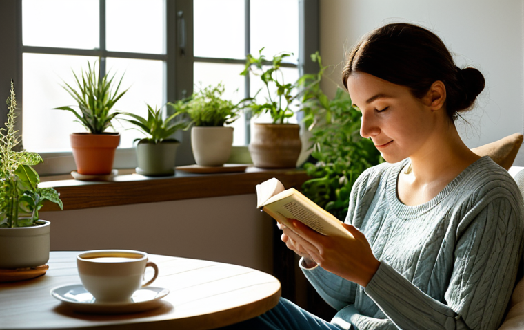 Peaceful Self-Care Scene**
"A woman in her late 20s, fully clothed in comfortable, modest clothing, relaxing in a sunlit room with plants. She's reading a book with a cup of herbal tea beside her. Soft, warm lighting, peaceful atmosphere, safe for work, appropriate content, perfect anatomy, natural proportions, professional photography, family-friendly."
**