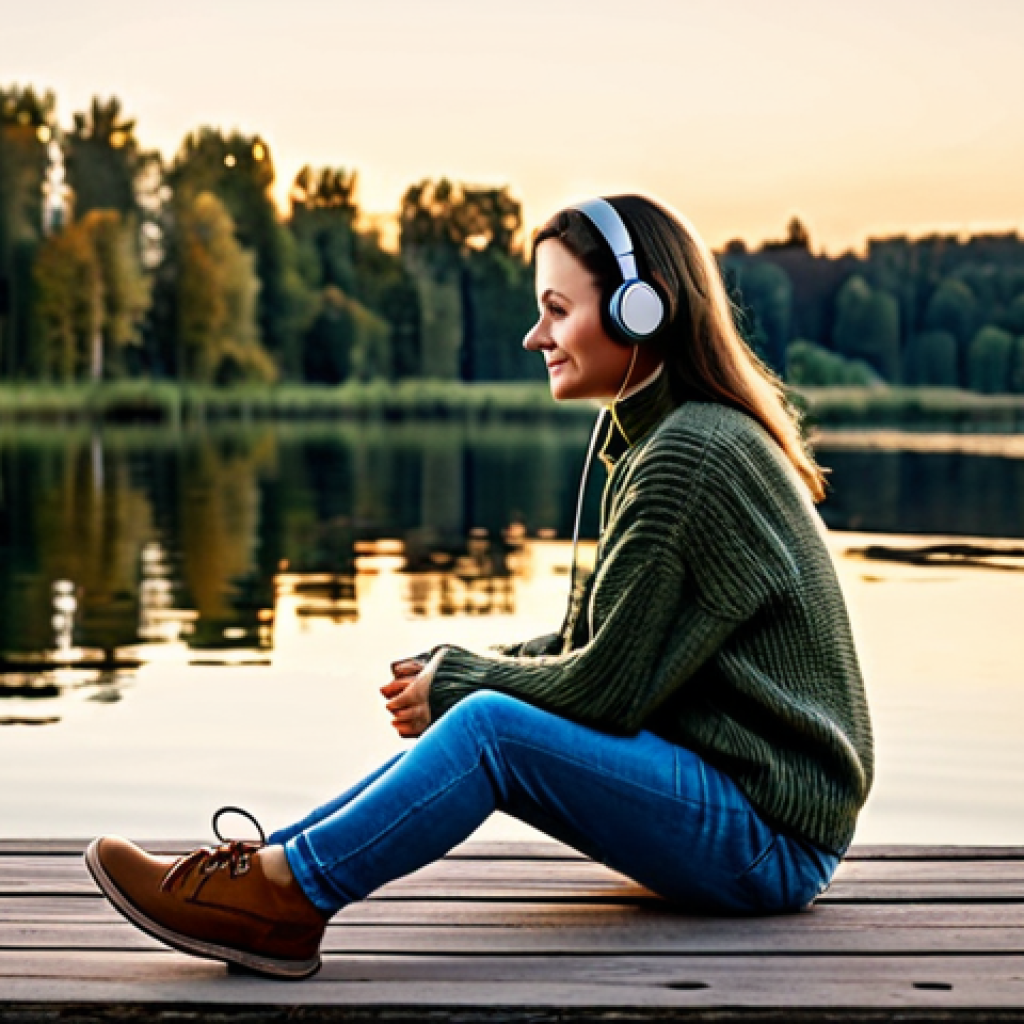 감정 해독을 위한 음악 치료 기법 - Tranquil Lakeside Scene**
"A woman in a comfortable, fully clothed sweater and jeans sits on a dock...
