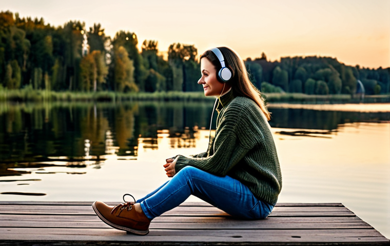 감정 해독을 위한 음악 치료 기법 - Tranquil Lakeside Scene**
"A woman in a comfortable, fully clothed sweater and jeans sits on a dock...