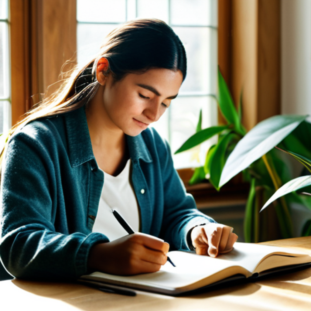 감정 해독과 자아 발견의 과정 - **Prompt:** A woman in a cozy, fully clothed outfit, journaling in a sunlit room with plants. Focus ...