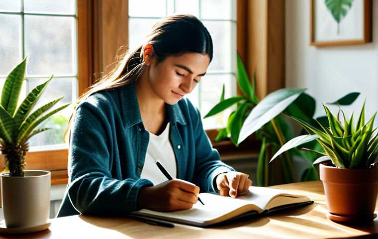 감정 해독과 자아 발견의 과정 - **Prompt:** A woman in a cozy, fully clothed outfit, journaling in a sunlit room with plants. Focus ...