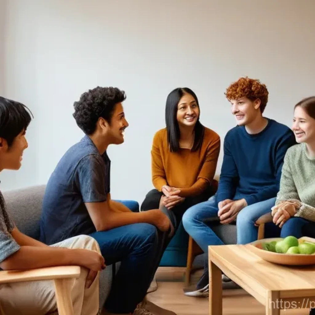 감정 해독을 위한 그룹 치료의 장점 - **Prompt 1: "A diverse group of young adults and teenagers, aged roughly 16-25, are seated comfortab...