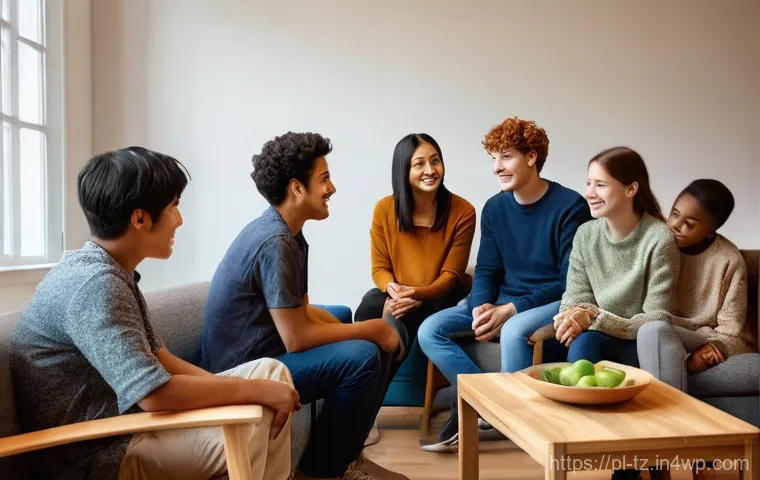 감정 해독을 위한 그룹 치료의 장점 - **Prompt 1: "A diverse group of young adults and teenagers, aged roughly 16-25, are seated comfortab...