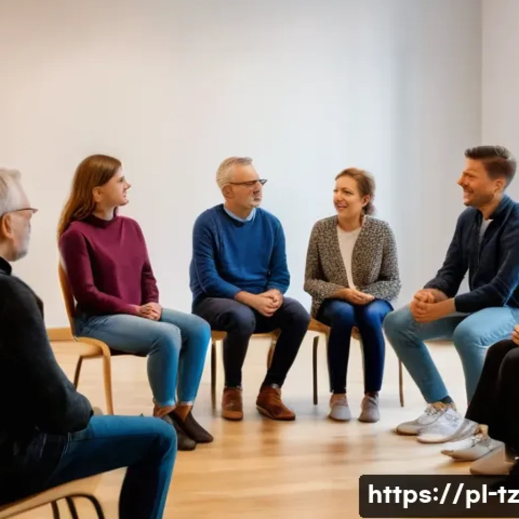 감정 해독을 위한 커뮤니티 구성 방법 - A diverse group of adults seated in a cozy, modern community room in Poland, engaged in an emotional...