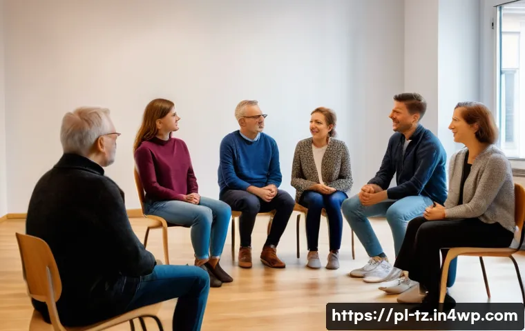 감정 해독을 위한 커뮤니티 구성 방법 - A diverse group of adults seated in a cozy, modern community room in Poland, engaged in an emotional...