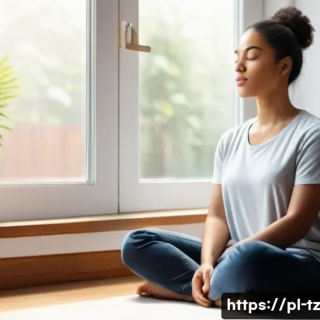 감정 해독을 통한 불행의 원인 분석 - A serene scene depicting a young adult sitting peacefully in a cozy, sunlit room, practicing mindful...