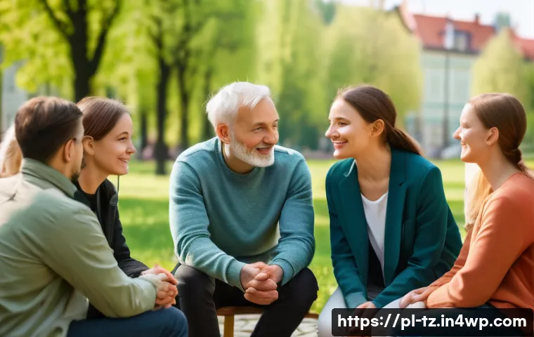 감정 해독의 지역사회적 접근 - A diverse group of adults engaged in a warm, open discussion circle outdoors in a community park in ...
