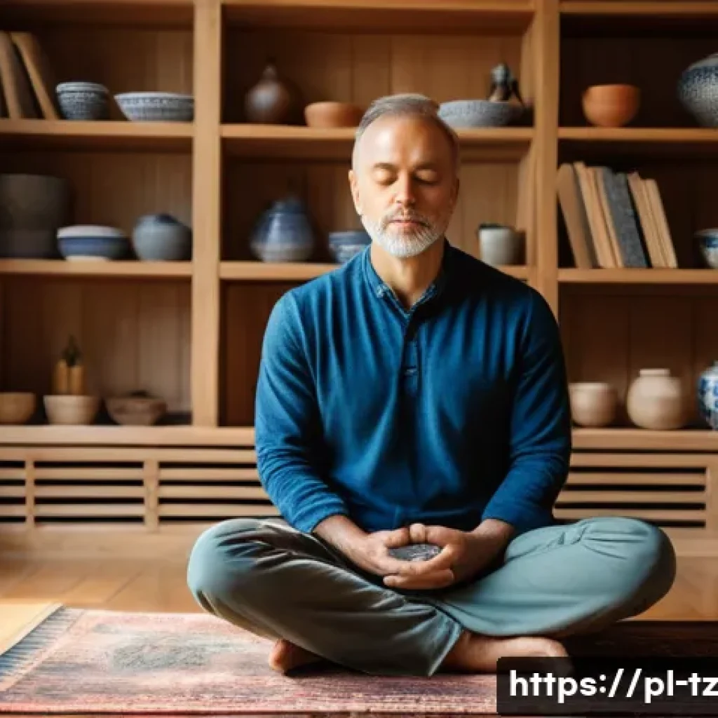 감정 해독을 통한 자아 변화의 여정 - A serene and thoughtful adult man sitting cross-legged on a wooden floor in a cozy, sunlit Polish ap...