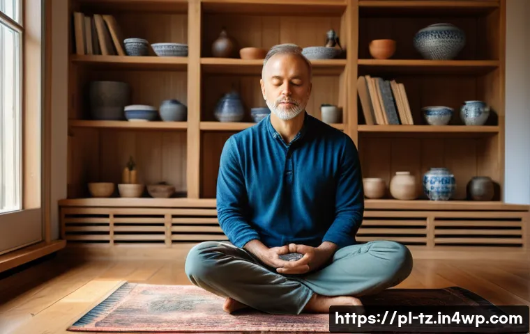 감정 해독을 통한 자아 변화의 여정 - A serene and thoughtful adult man sitting cross-legged on a wooden floor in a cozy, sunlit Polish ap...