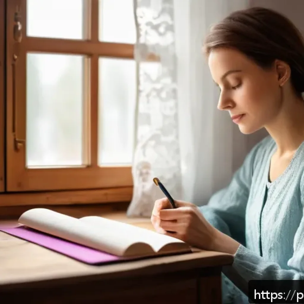 감정 해독을 위한 비판적 사고 기법 - A calm and serene Polish woman in her 30s sitting at a cozy wooden desk near a window, writing thoug...