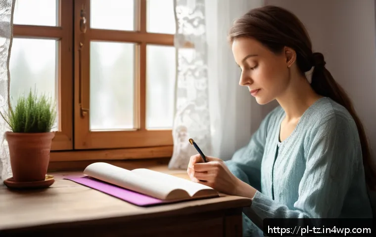 감정 해독을 위한 비판적 사고 기법 - A calm and serene Polish woman in her 30s sitting at a cozy wooden desk near a window, writing thoug...