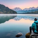Home 22 감정 해독과 자아 탐색을 위한 여행 - A peaceful mountain lake scene at sunrise, with a lone traveler sitting on a rock by the water’s edg...