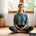 Home 21 감정 해독을 통한 자기 이해의 증가 - A serene indoor scene showing a young Polish adult sitting cross-legged on a wooden floor in a cozy,...