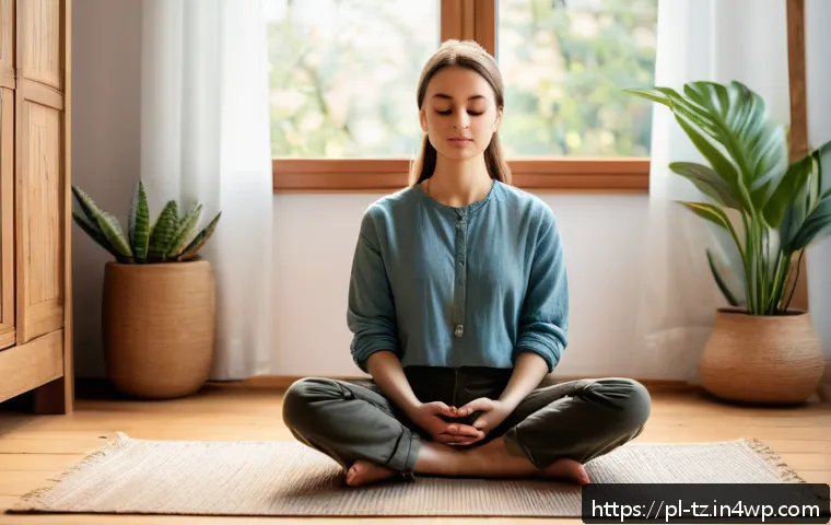 감정 해독을 통한 자기 이해의 증가 - A serene indoor scene showing a young Polish adult sitting cross-legged on a wooden floor in a cozy,...