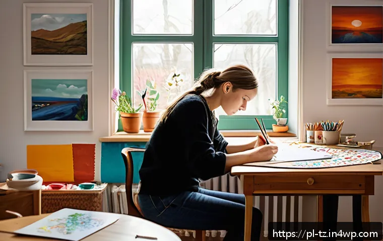감정 해독을 위한 아트 테라피 기법 - A cozy art therapy room in a Polish home, featuring a small creative corner with natural light comin...