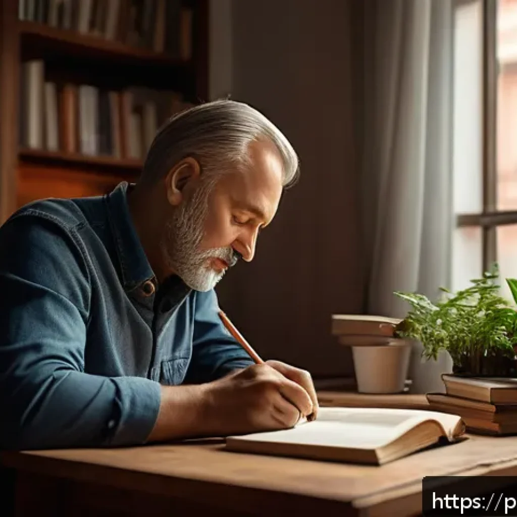 감정 해독을 위한 인식 변화의 중요성 - A thoughtful middle-aged Polish man sitting at a cozy wooden desk in a warm, softly lit room filled ...
