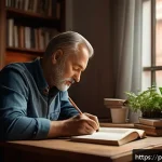Home 19 감정 해독을 위한 인식 변화의 중요성 - A thoughtful middle-aged Polish man sitting at a cozy wooden desk in a warm, softly lit room filled ...