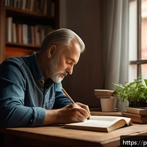 Home 31 감정 해독을 위한 인식 변화의 중요성 - A thoughtful middle-aged Polish man sitting at a cozy wooden desk in a warm, softly lit room filled ...