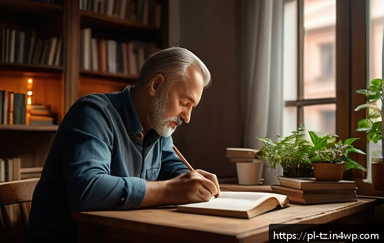감정 해독을 위한 인식 변화의 중요성 - A thoughtful middle-aged Polish man sitting at a cozy wooden desk in a warm, softly lit room filled ...
