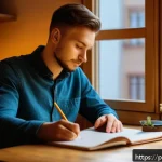 Home 23 감정 해독을 위한 주간 계획 세우기 - A cozy home office scene featuring a young Polish man sitting at a wooden desk with a neat weekly pl...