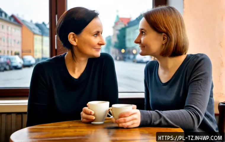 Home 17 감정 해독과 감정 지능의 상관관계 - Photorealistic scene of a Polish woman in her early 40s sitting across from a friend at a cozy Warsa...